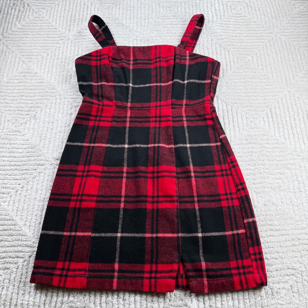 Copper Key Plaid Mini Dress Women's Medium Red Black Tartan Wool Blend Grunge